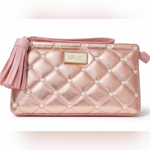 Betsey Johnson Handbags - Betsey Johnson Luv Betsey Rose Gold Quilted Heart Cosmetic Bag Tassel